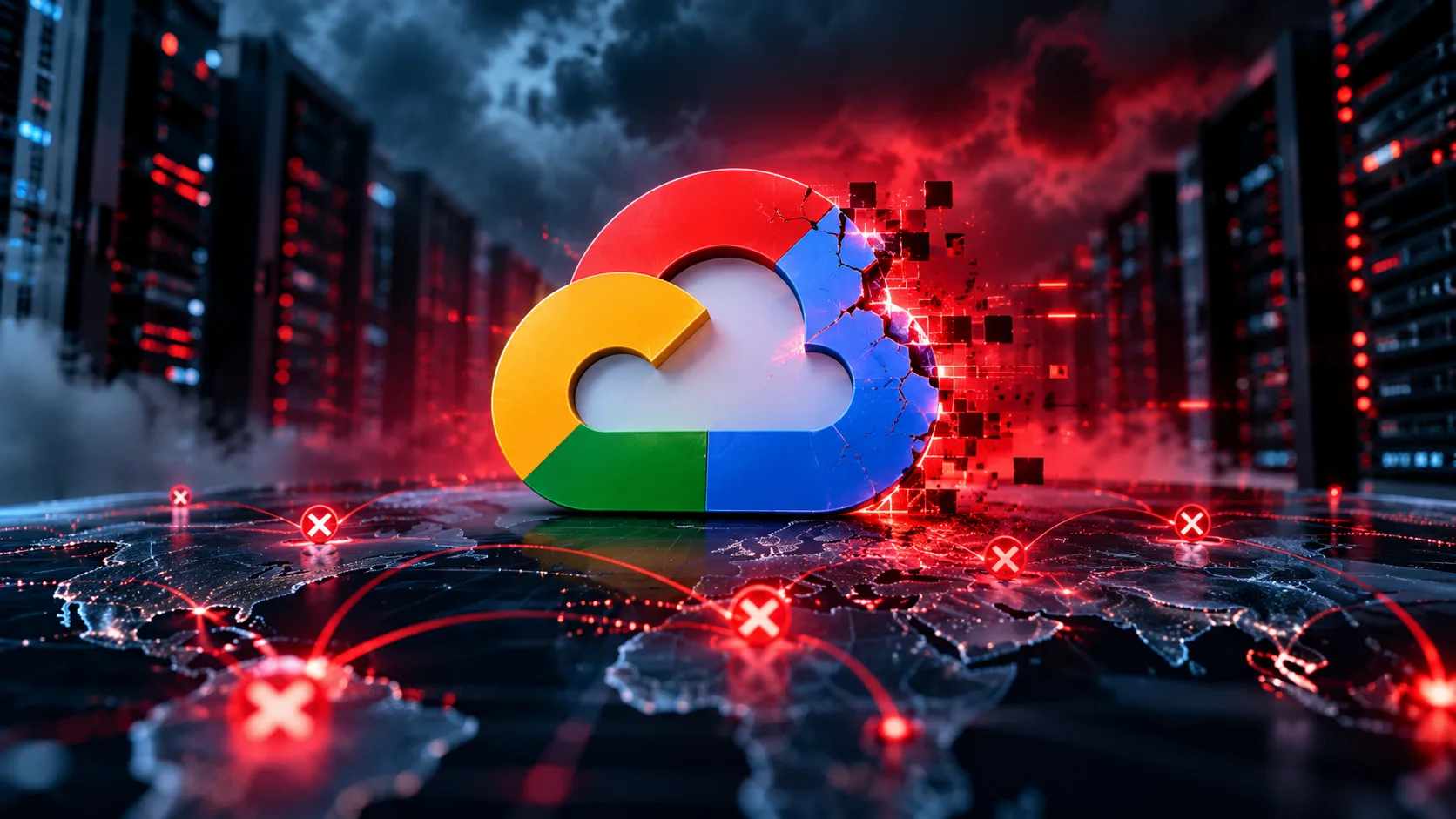Symbolische Darstellung eines Google-Cloud-Ausfalls mit beschädigtem Cloud-Logo und weltweiter Netzwerkstörung.