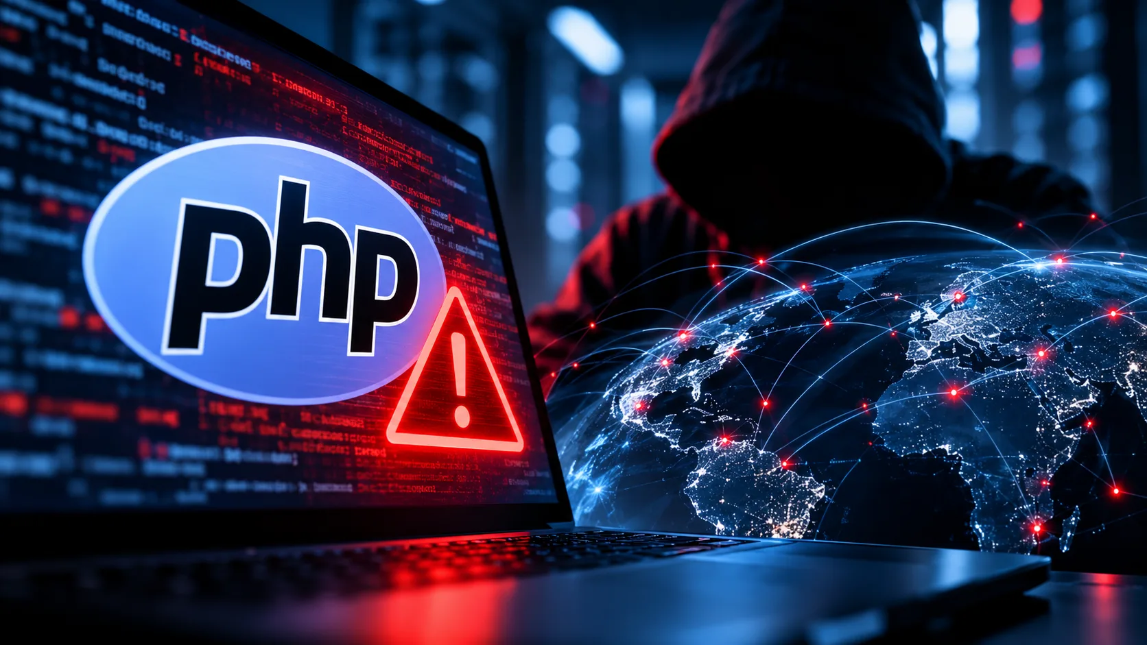 PHP-Sicherheitslücke mit Servern, Warnsymbol und Cyberangriff.