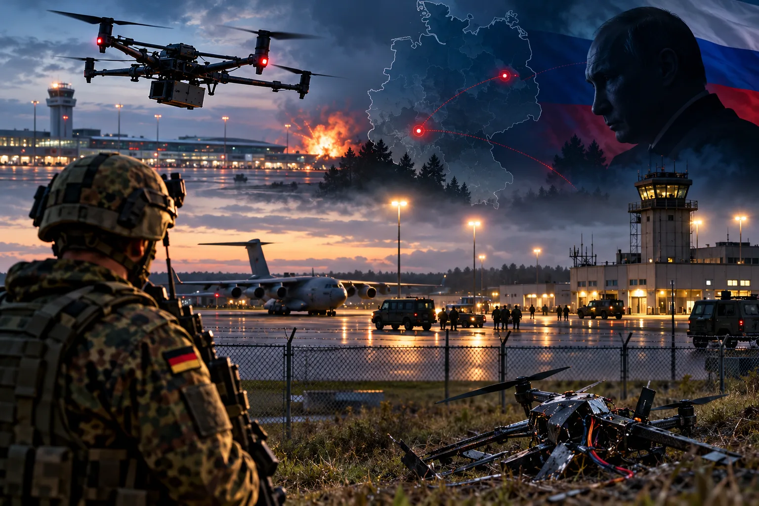 Bundeswehrsoldat beobachtet Drohne vor einem deutschen Militärflugplatz.
