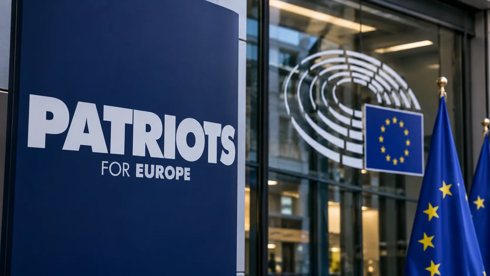 Symbolbild der Fraktion Patriots for Europe vor dem Europäischen Parlament.