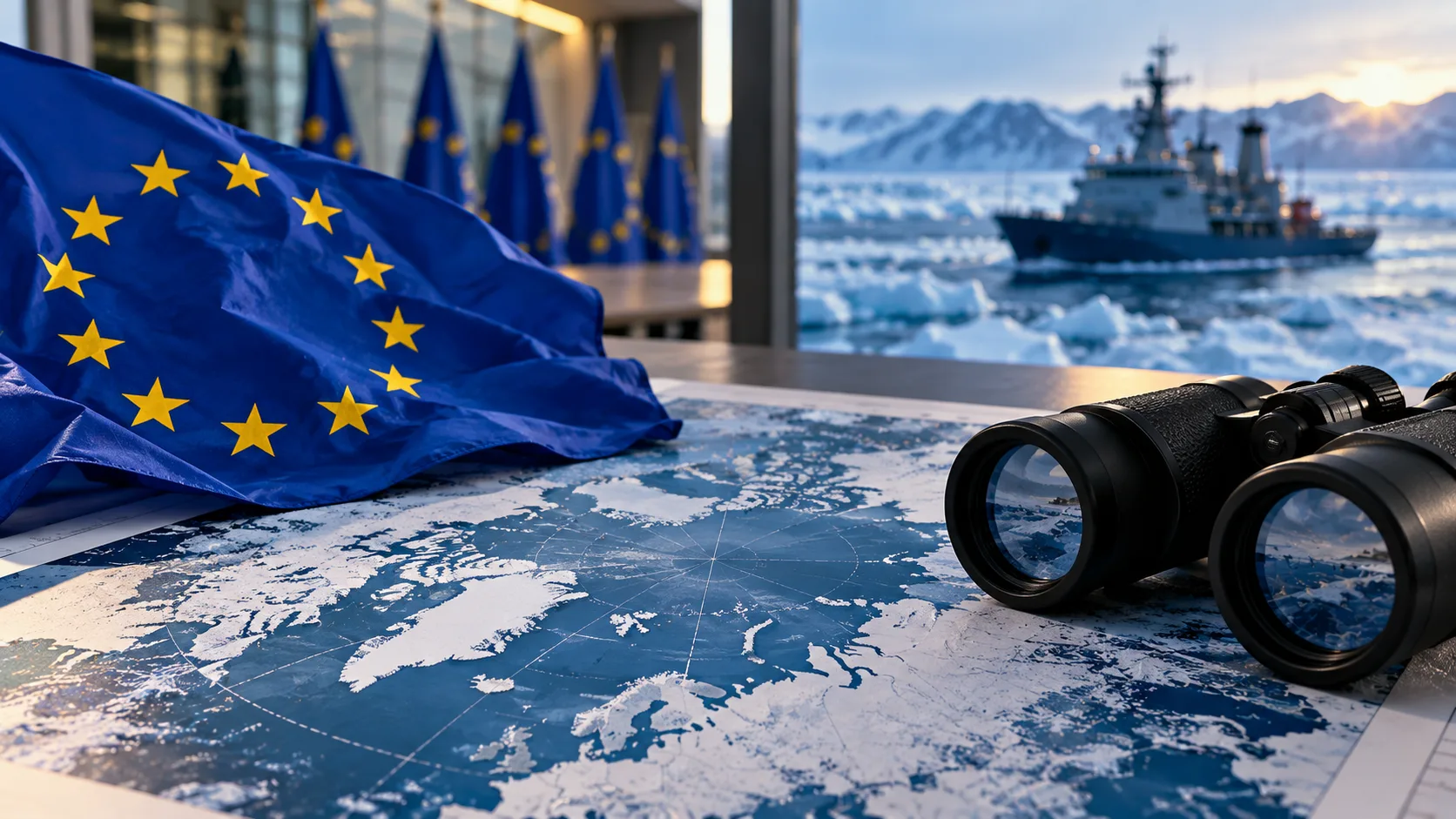 Symbolbild einer EU-Flagge mit Arktiskarte und maritimer Sicherheitsplanung.