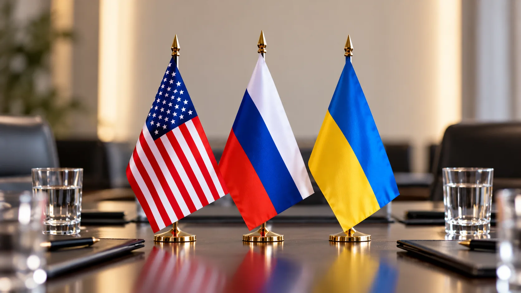 Konferenztisches mit den Flaggen der USA, Russlands und der Ukraine.