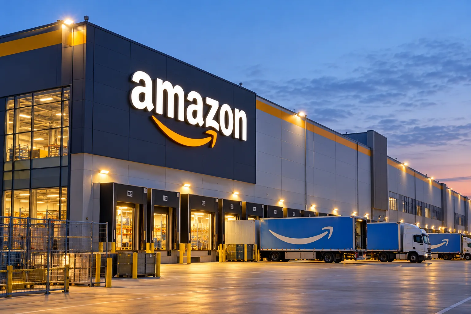 Amazon-Logistikzentrum mit Verladehallen und Lkw an den Laderampen.