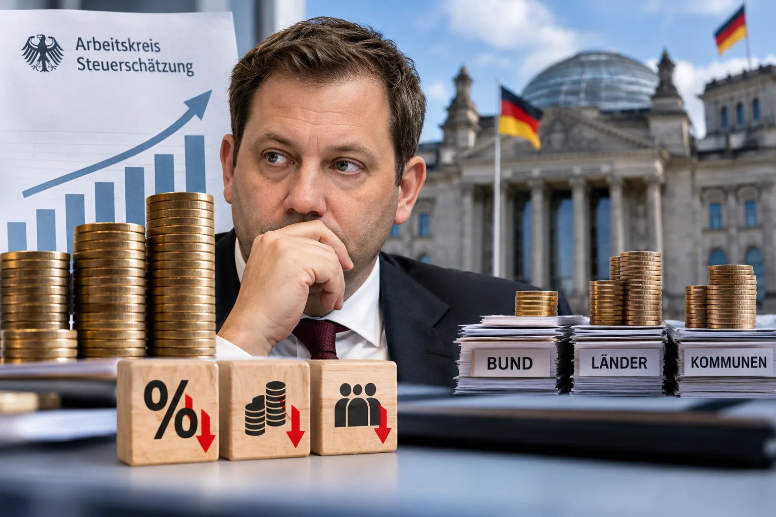 Finanzminister Lars Klingbeil vor dem Reichstagsgebäude mit Münzstapeln und Symbolen für Steuereinnahmen und Bundeshaushalt.