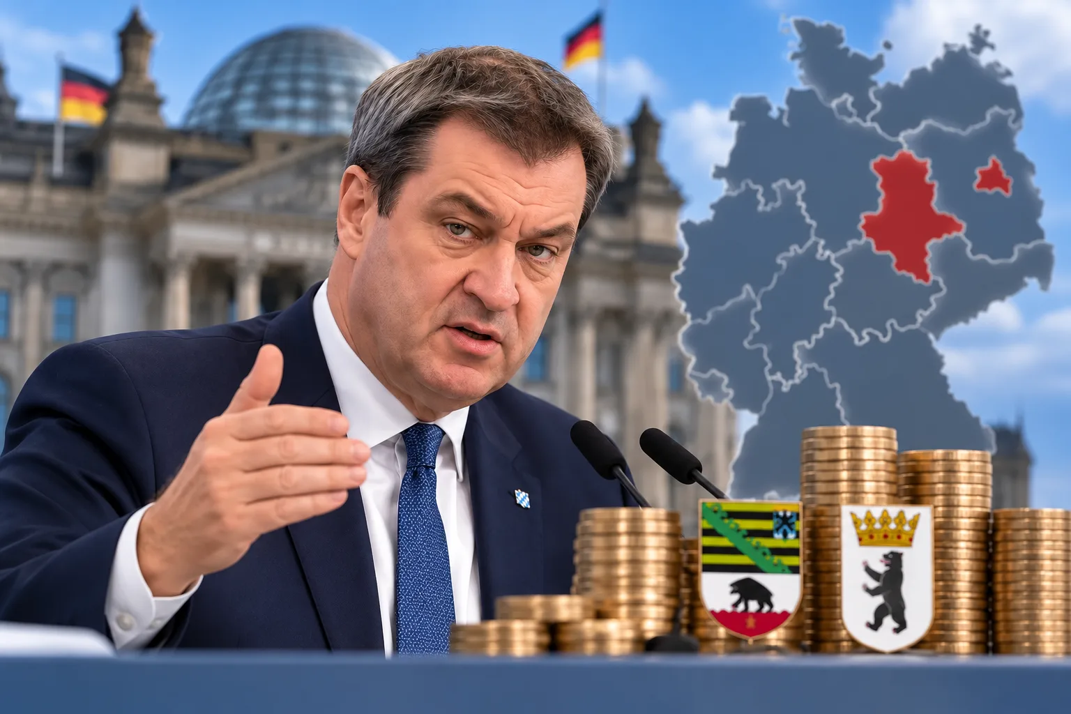 Markus Söder vor dem Bayerischen Landtag mit stilisierten Symbolen für den Länderfinanzausgleich und den deutschen Bundeshaushalt.