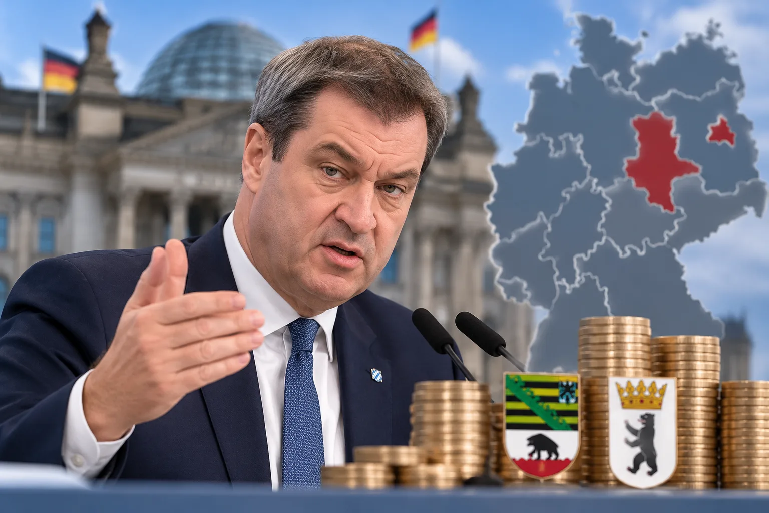 Markus Söder vor dem Bayerischen Landtag mit stilisierten Symbolen für den Länderfinanzausgleich und den deutschen Bundeshaushalt.