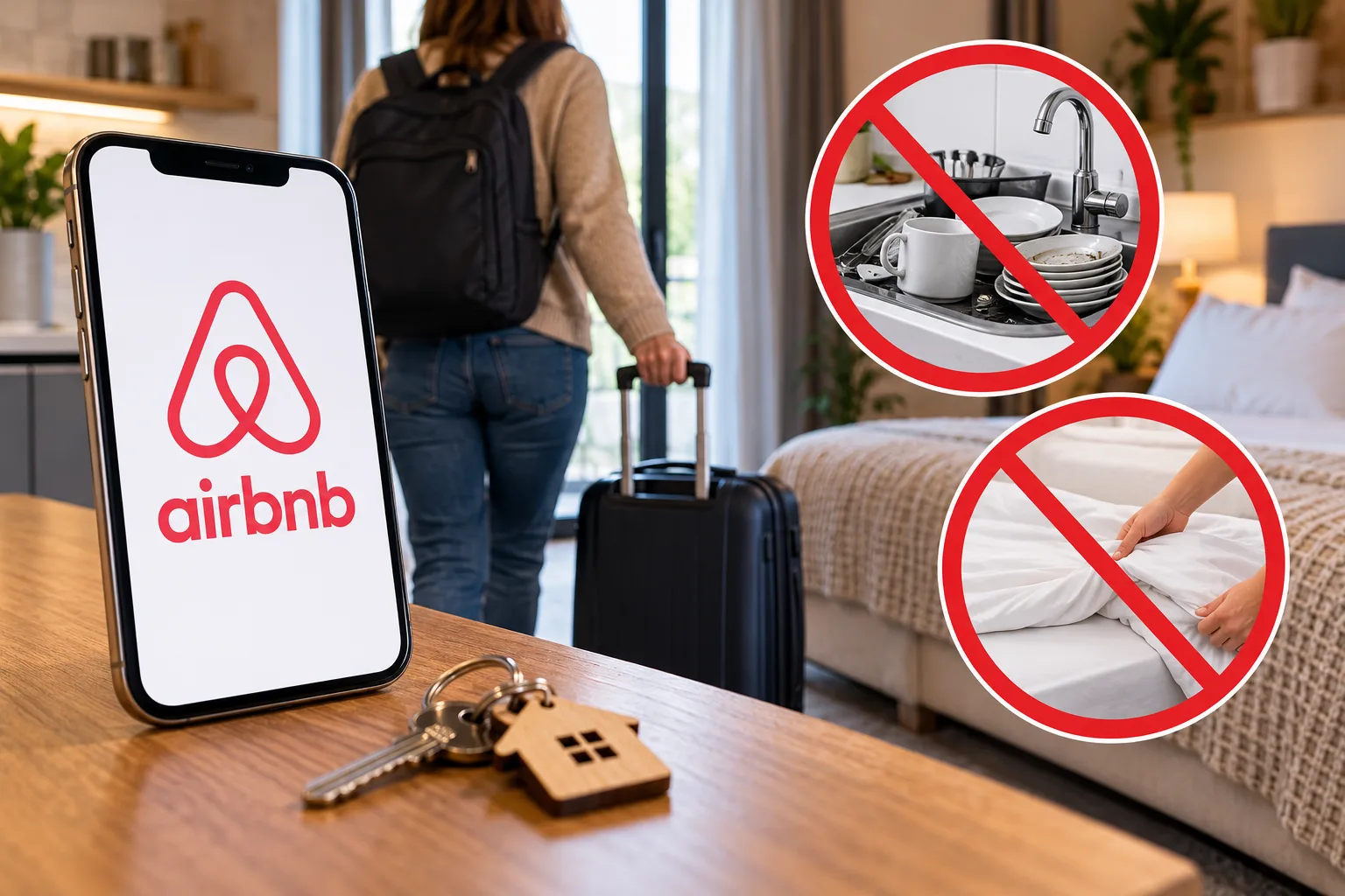 Gast verlässt mit einem Rollkoffer eine Airbnb-Unterkunft. Das Bild steht für die neuen Check-out-Regeln der Buchungsplattform.