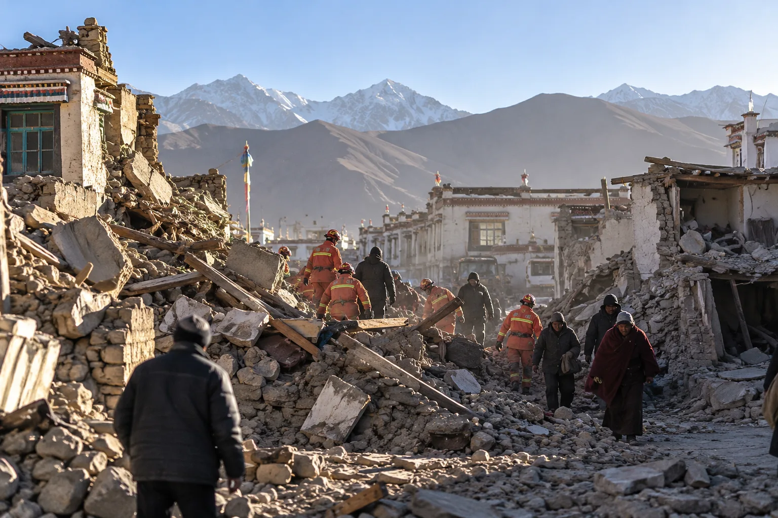 Rettungskräfte und Anwohner bewegen sich nach einem schweren Erdbeben durch die Trümmer zerstörter Gebäude in der chinesischen Region Tibet.