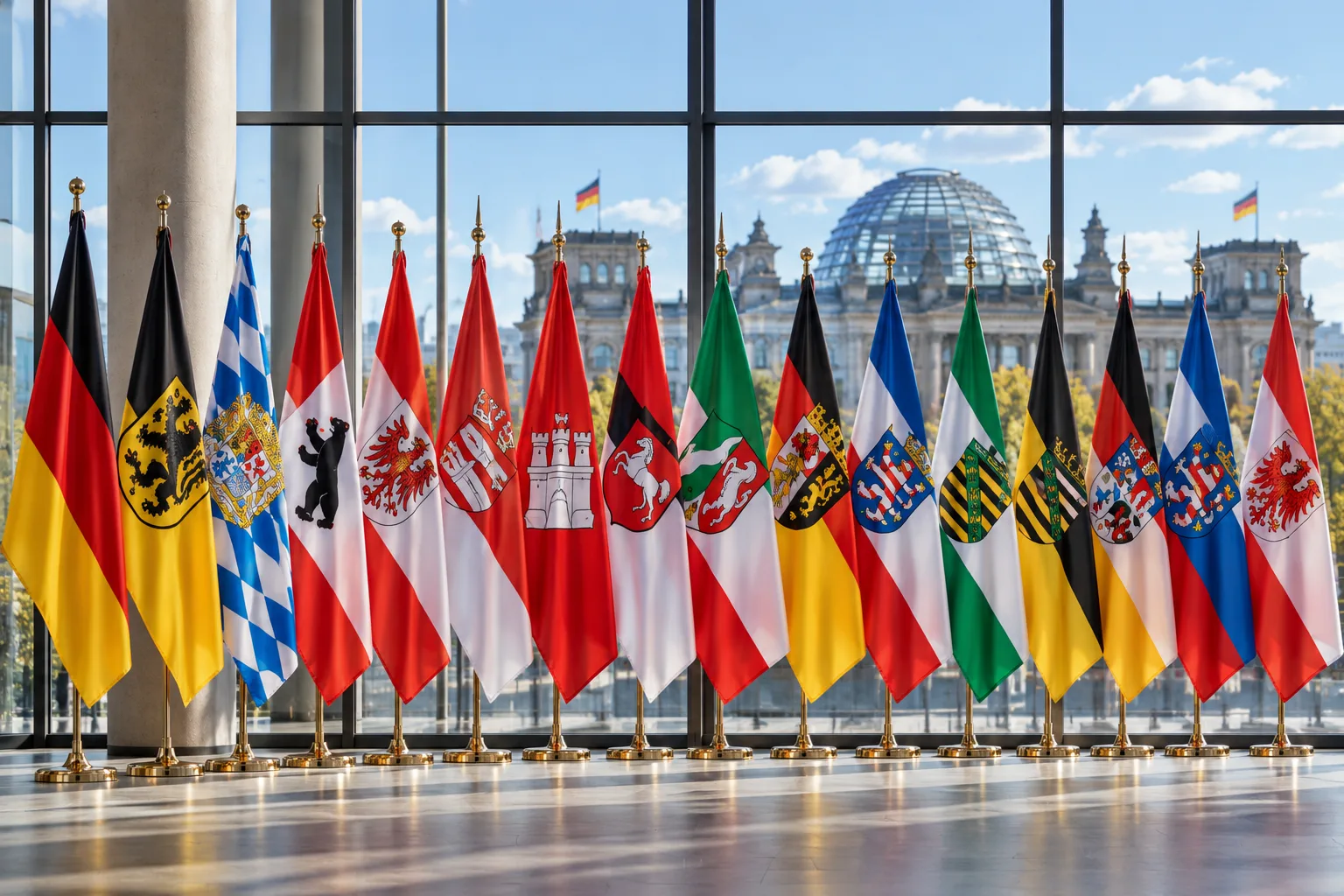 Mehrere Deutschlandflaggen vor dem Reichstagsgebäude in Berlin als Symbol für die Beratungen der Ministerpräsidentenkonferenz und bundespolitische Entscheidungen.