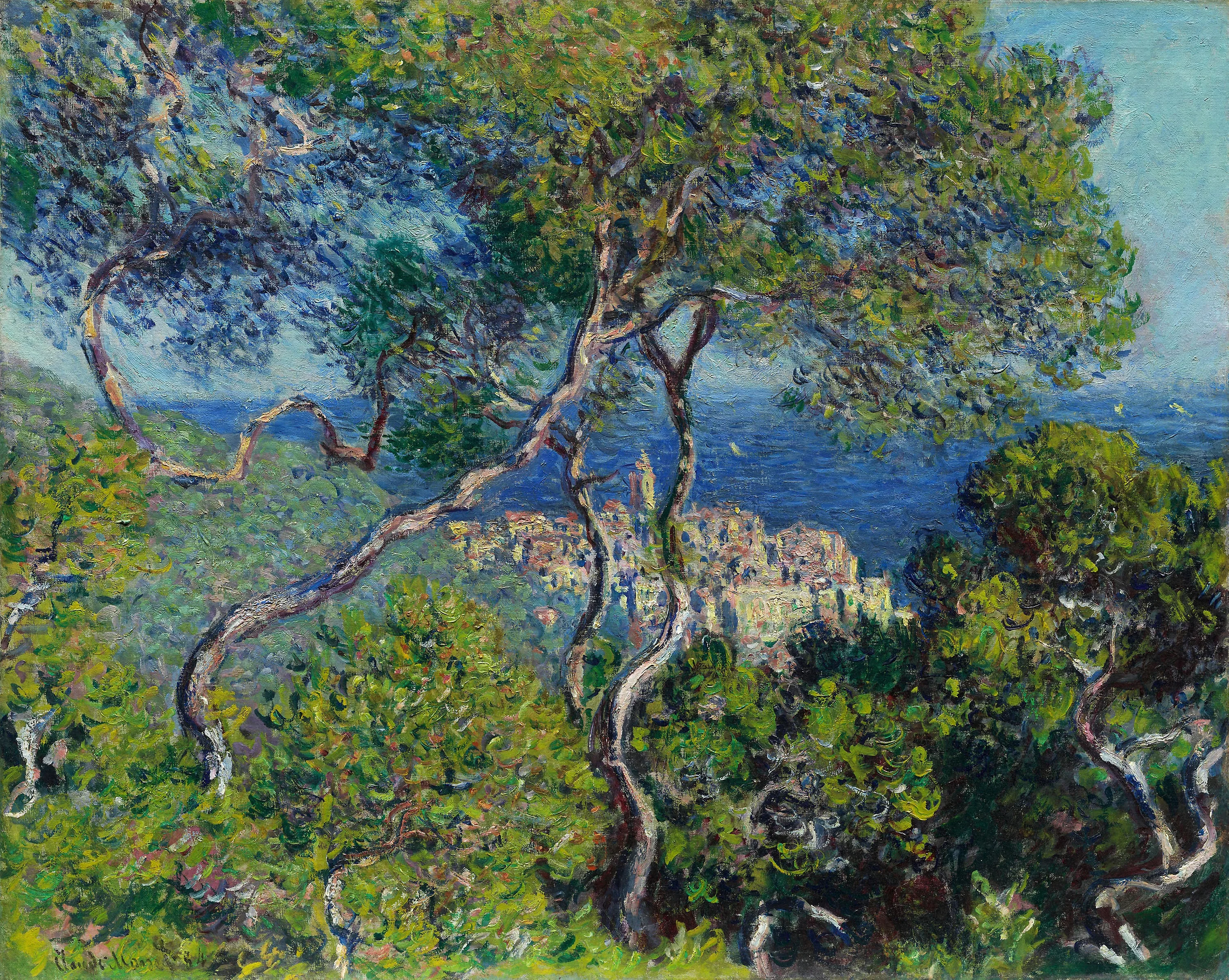 Claude Monets Gemälde „Bordighera“ mit mediterraner Küstenlandschaft und üppiger Vegetation.