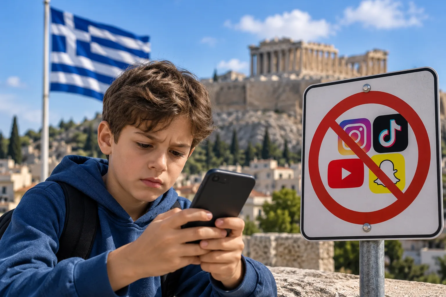 Kind nutzt ein Smartphone vor der Akropolis in Athen, daneben ein Verbotsschild für Social-Media-Apps als Symbol für Griechenlands geplantes Verbot von Social Media für Kinder unter 15 Jahren.