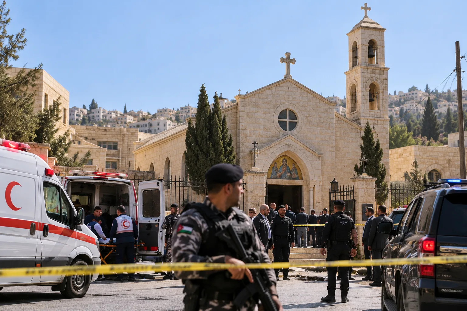 Polizei und Rettungskräfte sichern den Bereich vor einer Kirche in Karak nach einem tödlichen Angriff in Jordanien.