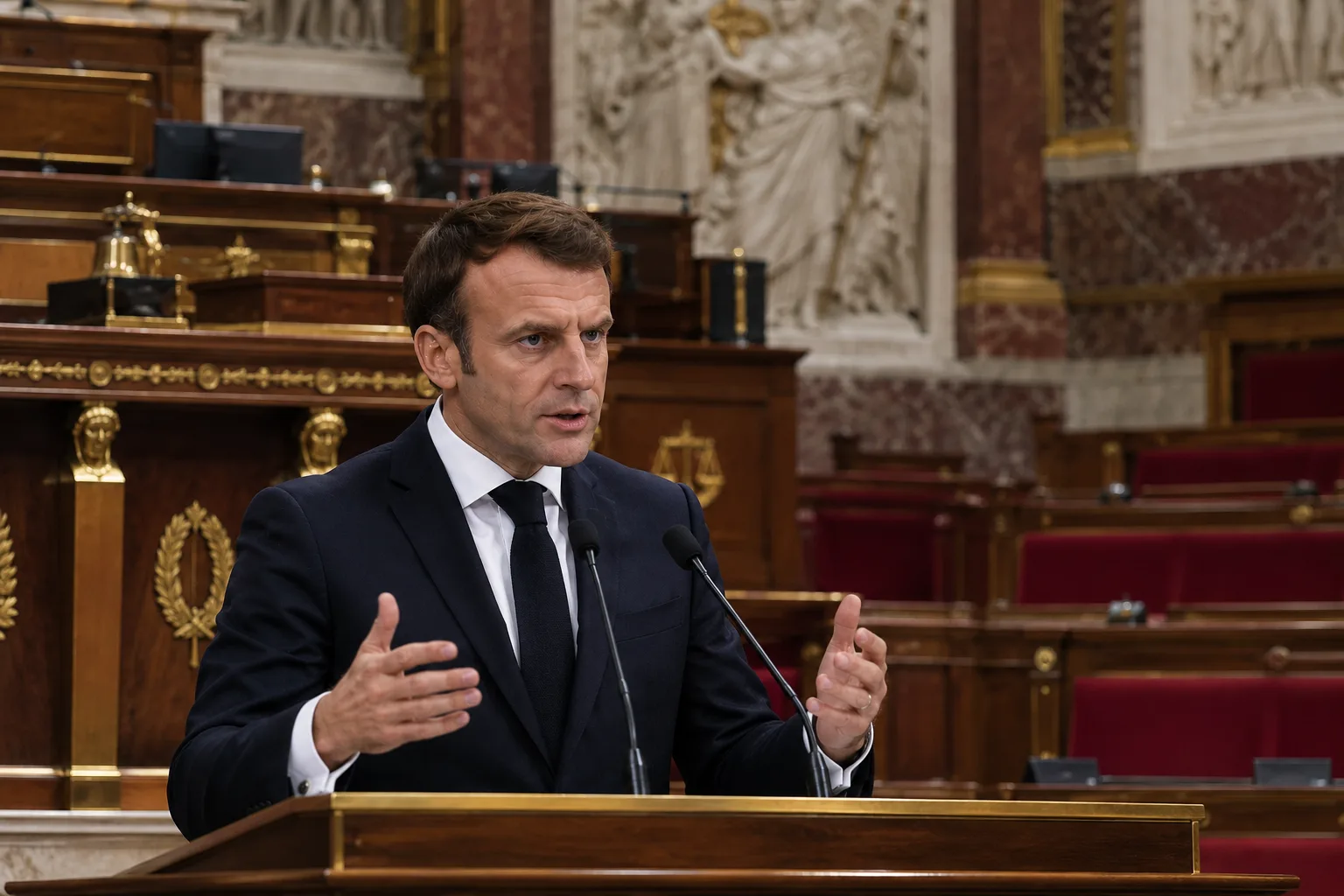Emmanuel Macron am Rednerpult im französischen Parlament während einer Ansprache zu geplanten Demonstrationsbeschränkungen.