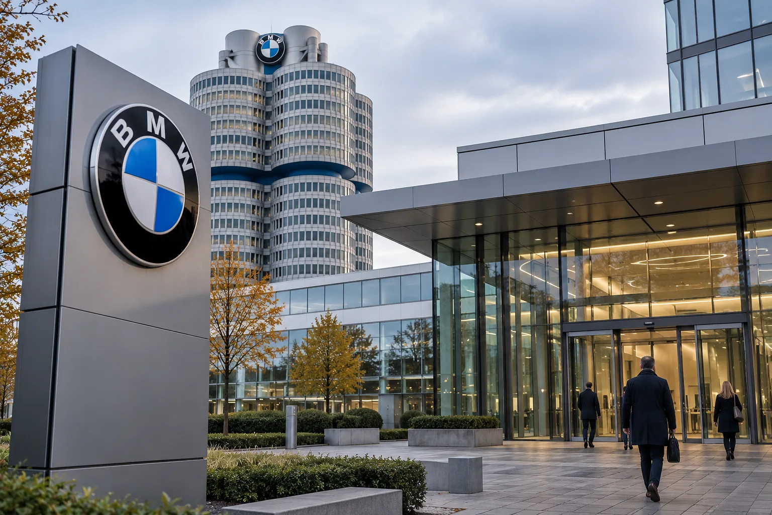 BMW-Unternehmenszentrale mit Firmenlogo und Eingangsbereich, während wenige Beschäftigte das Gebäude betreten.