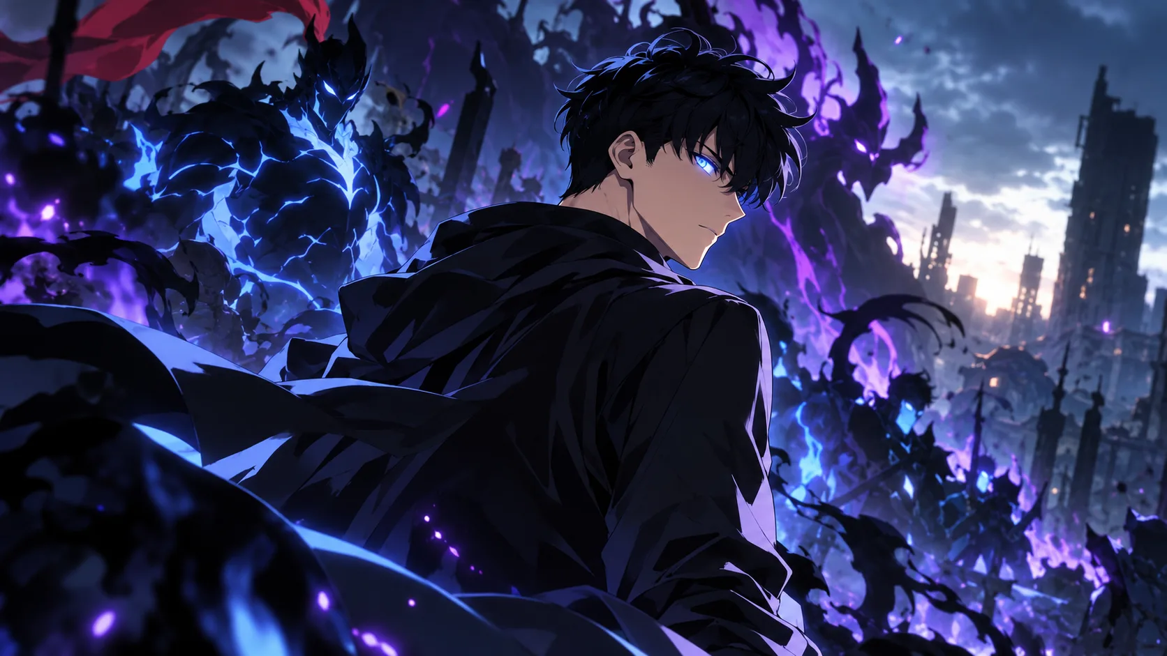 Anime-Figur Sung Jinwoo mit blauen Leuchteffekten und Schattenarmee im Hintergrund.
