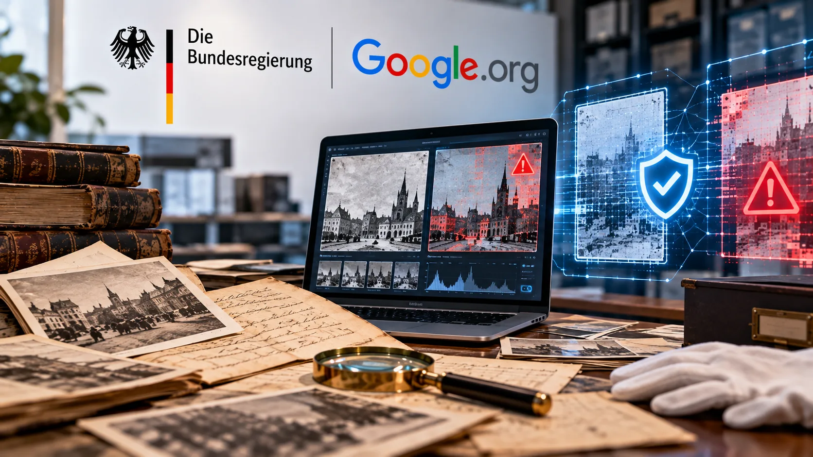 Historische Dokumente und Fotografien liegen auf einem Archivtisch, während eine digitale Analyse die Echtheit von Kulturgut mithilfe künstlicher Intelligenz überprüft.