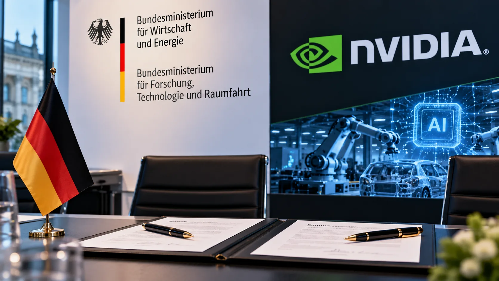 Unterzeichnete Dokumente liegen auf einem Konferenztisch. Im Hintergrund stehen Symbole für die Bundesregierung, Nvidia und industrielle künstliche Intelligenz.