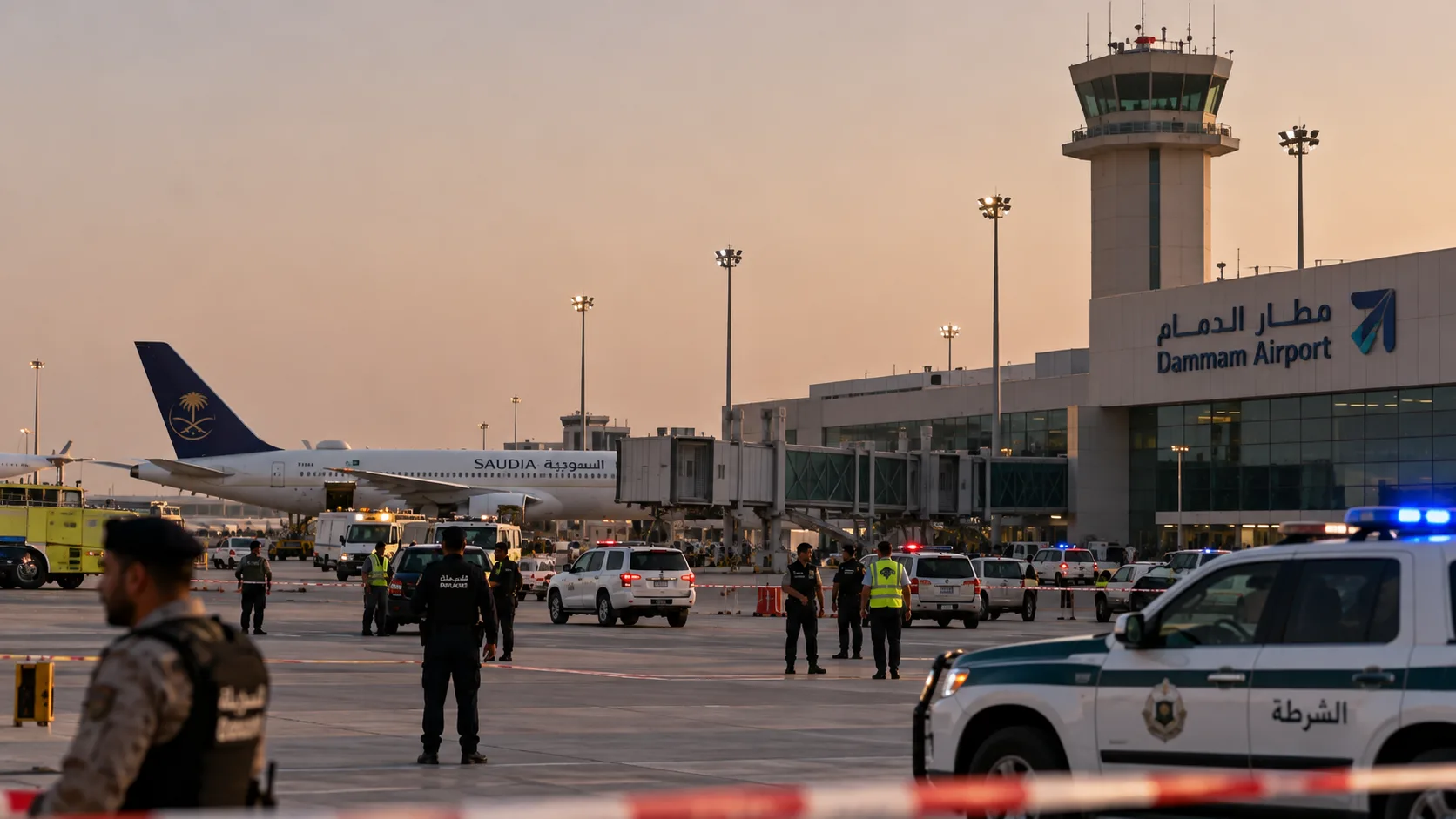 Blick auf den internationalen Flughafen von Dammam mit Terminalgebäude, Rollfeld und geparkten Passagierflugzeugen unter klarem Himmel.