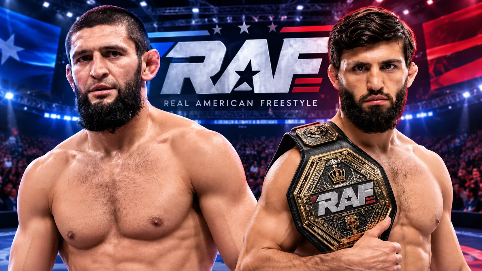 Arman Tsarukyan mit RAF-Championship-Gürtel und Khamzat Chimaev vor dem Logo von Real American Freestyle nach ihren Siegen bei RAF 14.