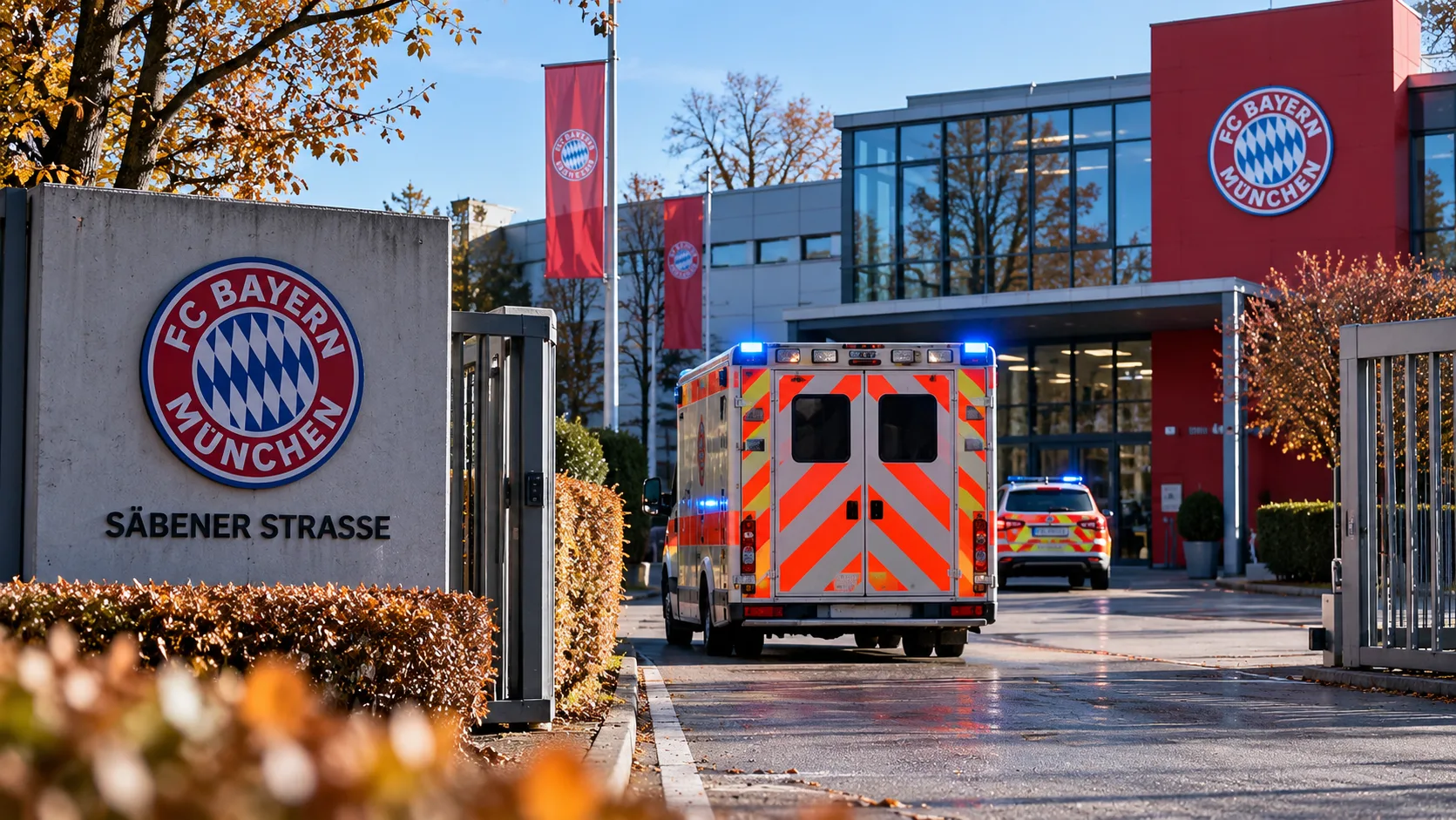 Rettungswagen vor dem FC Bayern Campus an der Säbener Straße in München.