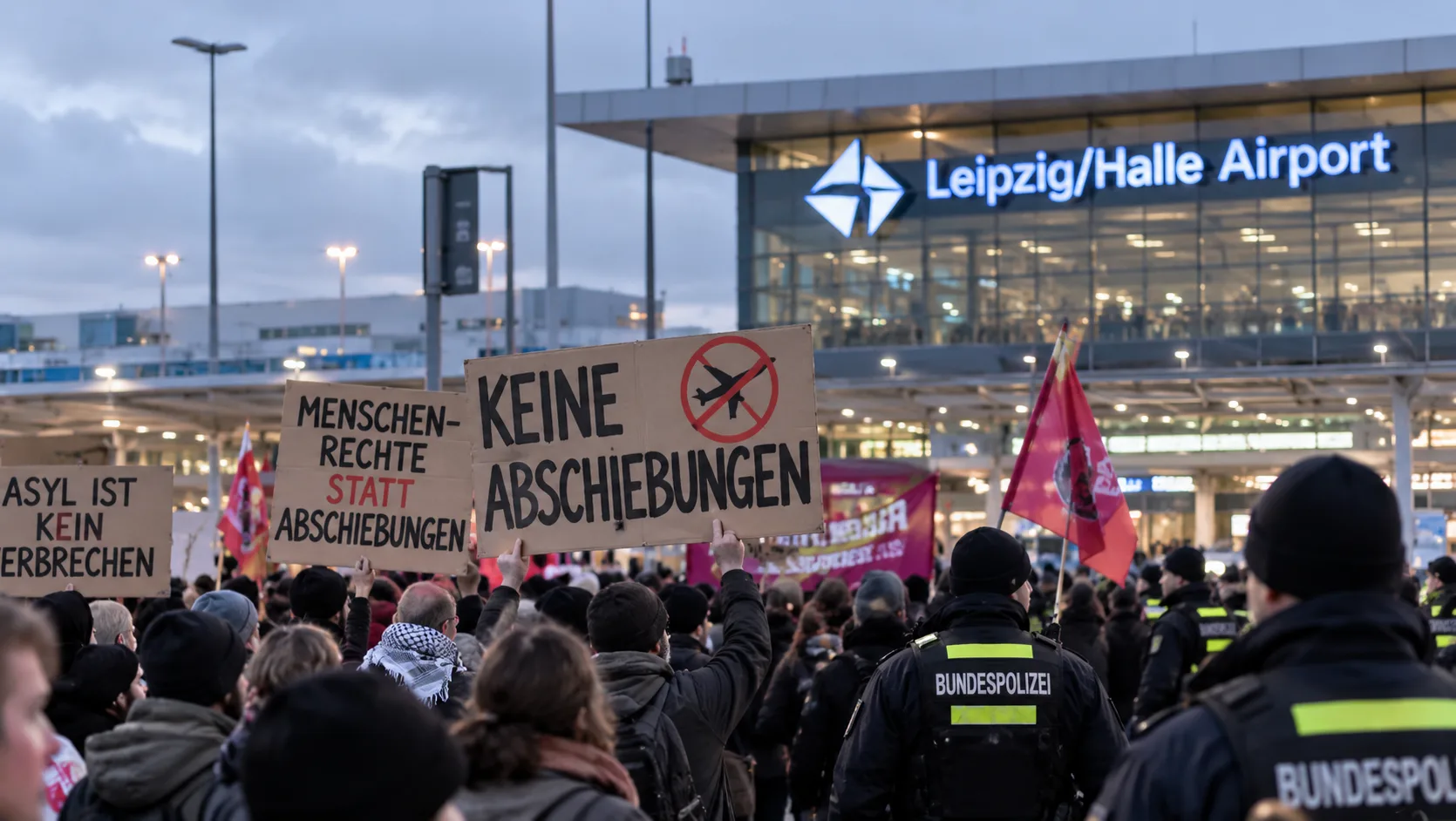 Protest vor dem Flughafen Leipzig/Halle mit Transparenten gegen Abschiebungen, im Hintergrund das Terminalgebäude.