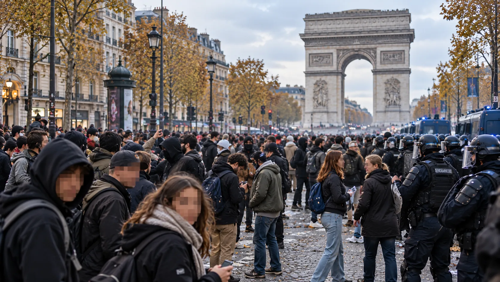 Proteste in Paris mit Demonstrierenden, Polizeikräften und Wasserwerfer vor dem Arc de Triomphe.