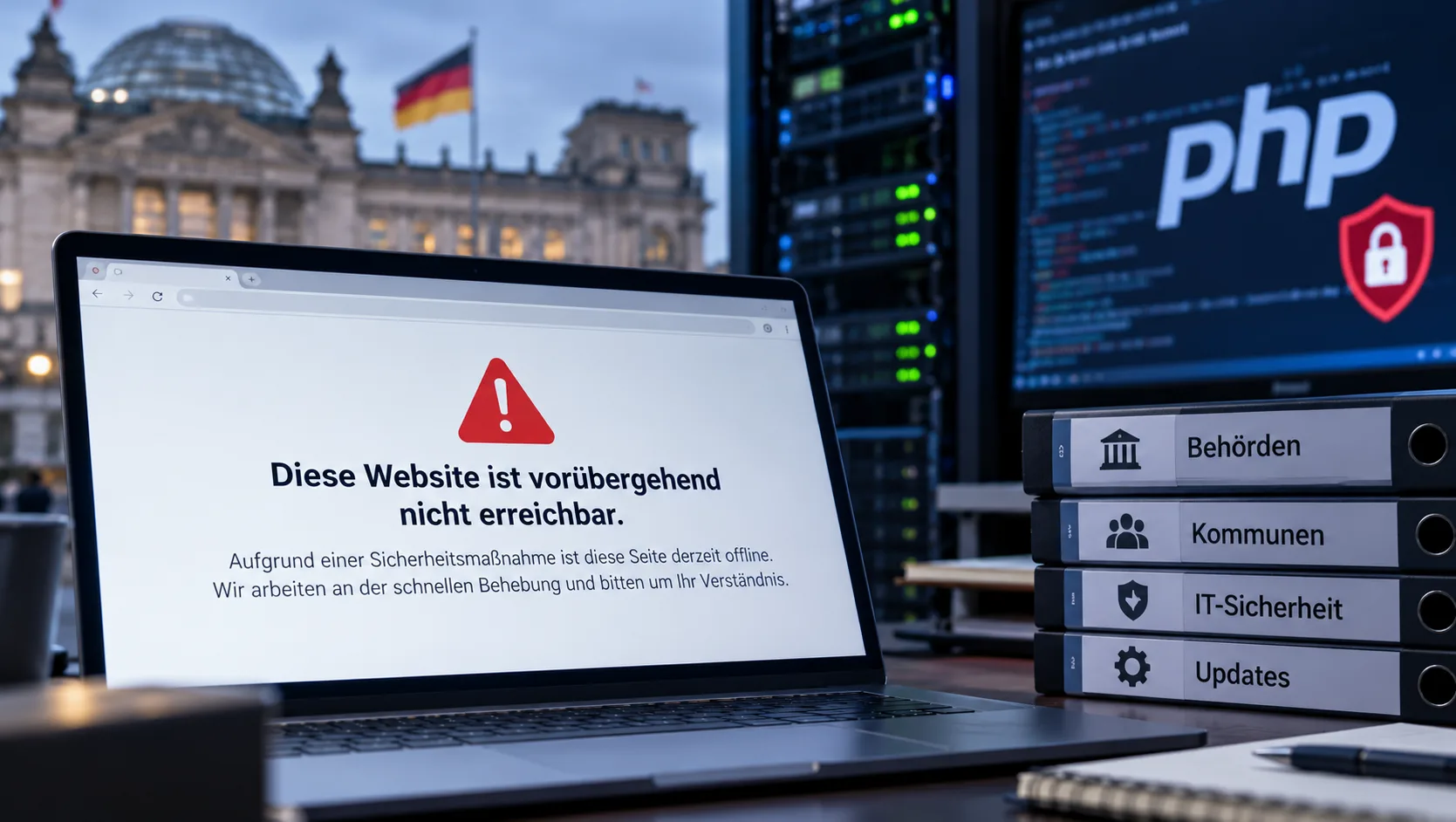 Laptop mit Hinweis auf eine vorübergehend nicht erreichbare Website vor Servertechnik als Symbol für die PHP-Sicherheitslücke und vorsorgliche Abschaltungen von Behördenportalen.