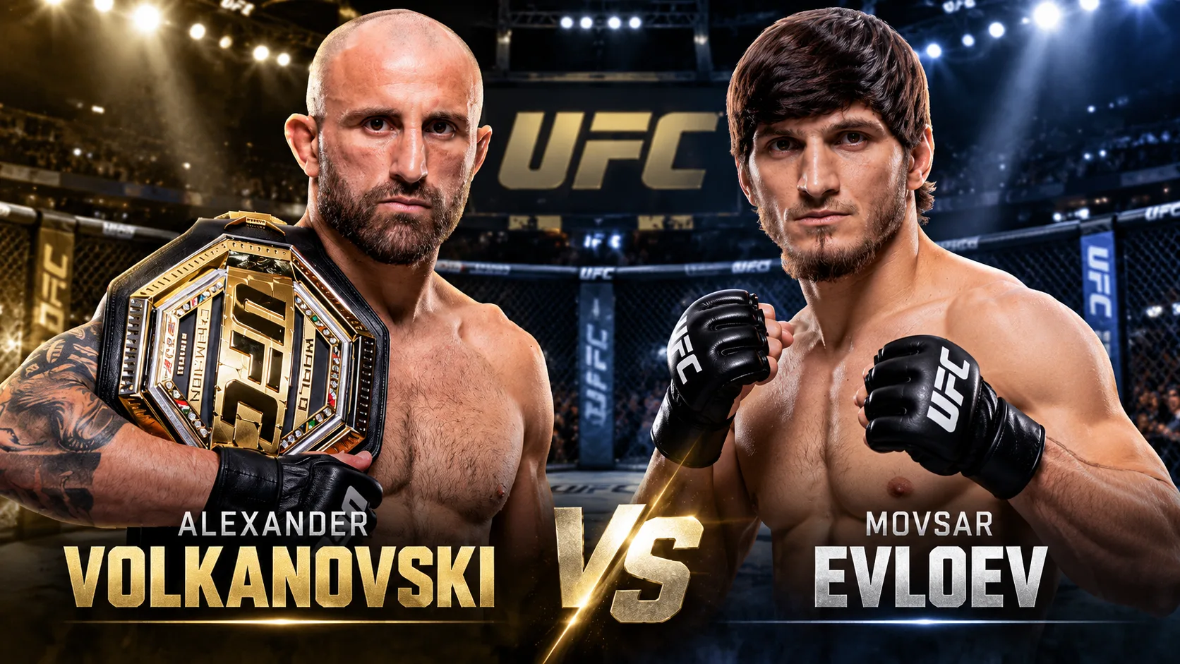 Alexander Volkanovski mit UFC-Gürtel und Herausforderer Movsar Evloev in einer Kampfgrafik vor einem MMA-Käfig.