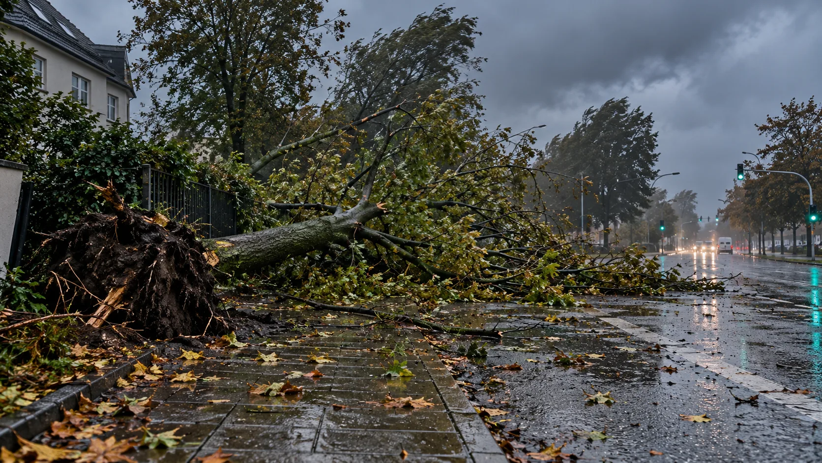 Starke Windböen und Regen an einer Rheinpromenade in Nordrhein-Westfalen, ein umgestülpter Regenschirm verdeutlicht den ersten heftigen Herbststurm.