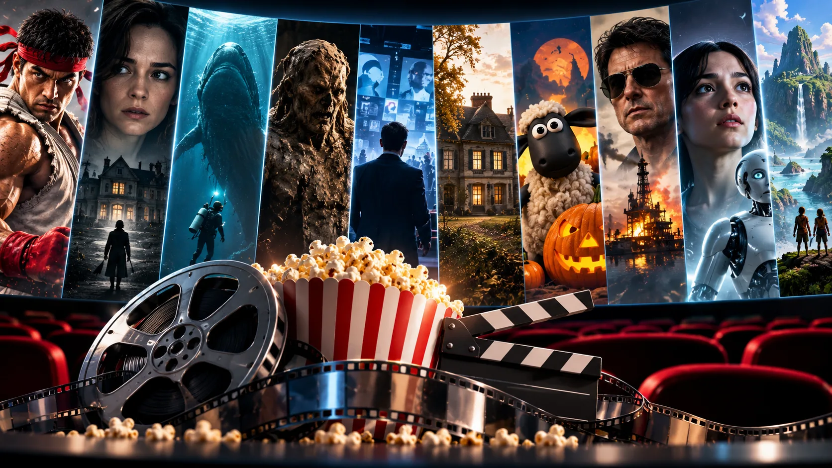 Collage mit verschiedenen Filmgenres, Kinoleinwand, Popcorn und Filmrolle als Symbol für die wichtigsten Kinostarts der kommenden Wochen.