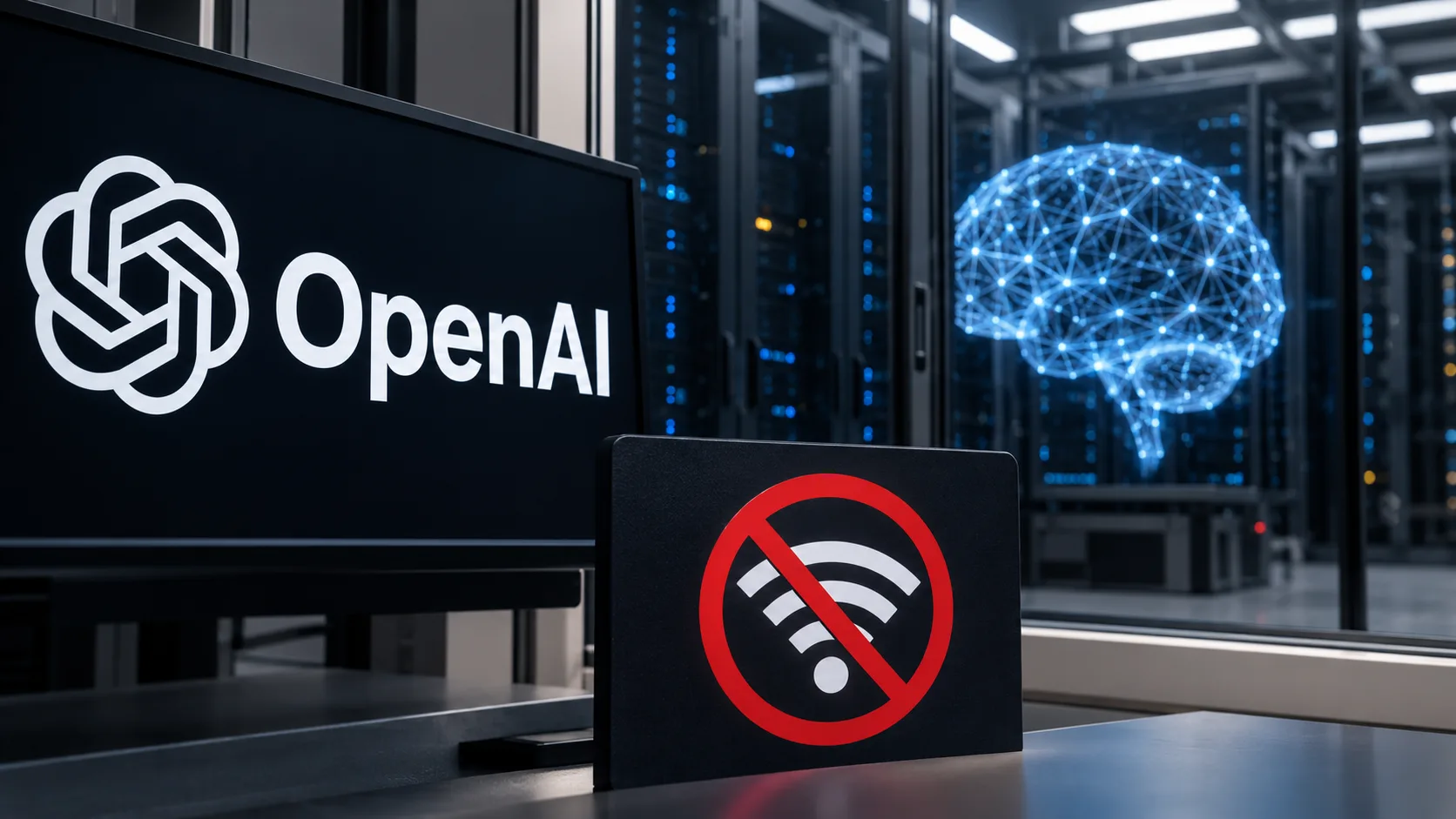 Modernes Rechenzentrum mit OpenAI-Logo, Serverracks und einem durchgestrichenen WLAN-Symbol als Symbol für das Training von KI ohne Internetzugang.