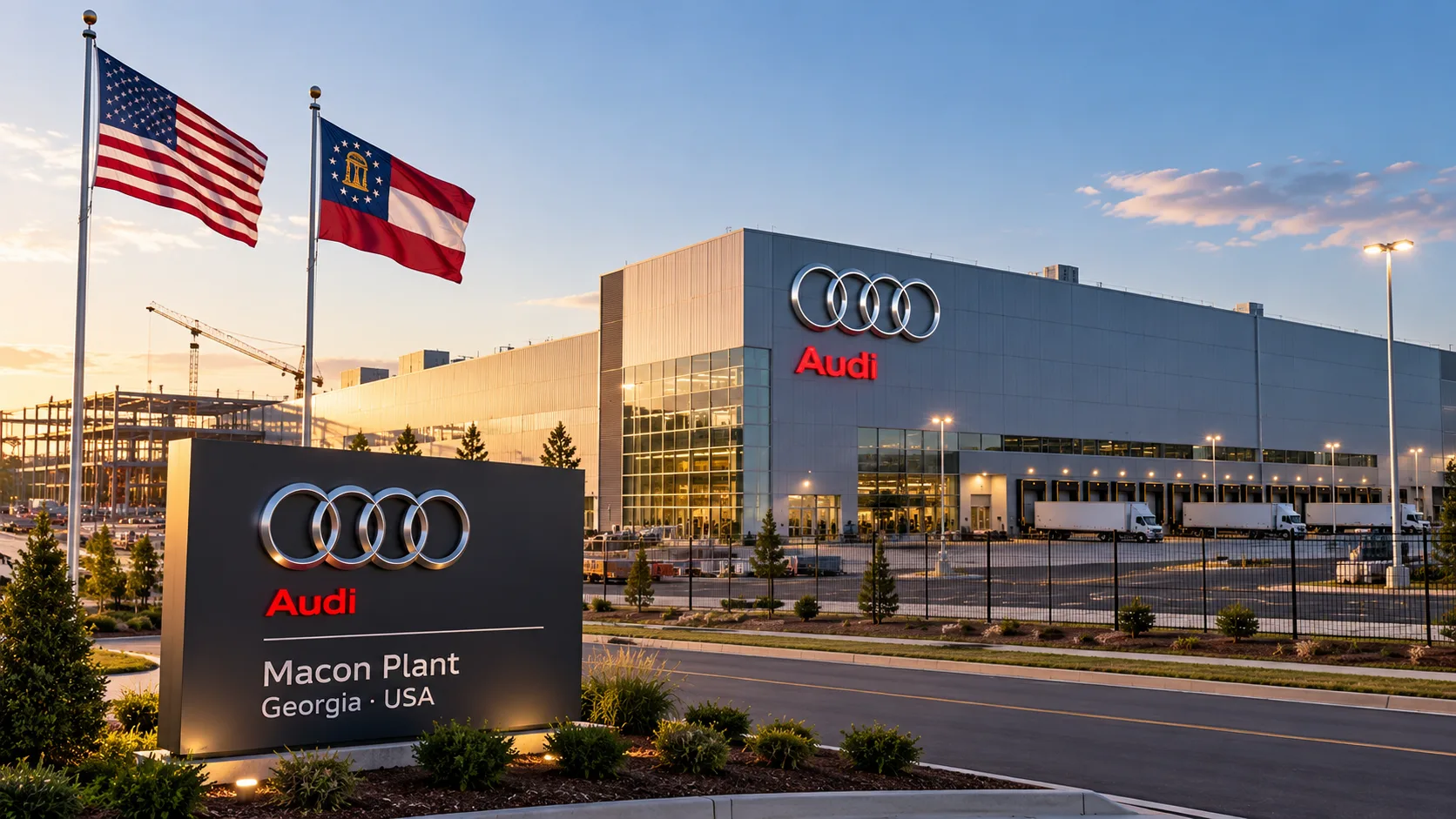 Modernes Audi-Werk mit Unternehmenslogo, Lkw-Laderampen und US- sowie Georgia-Flaggen vor einer großen Produktionshalle.