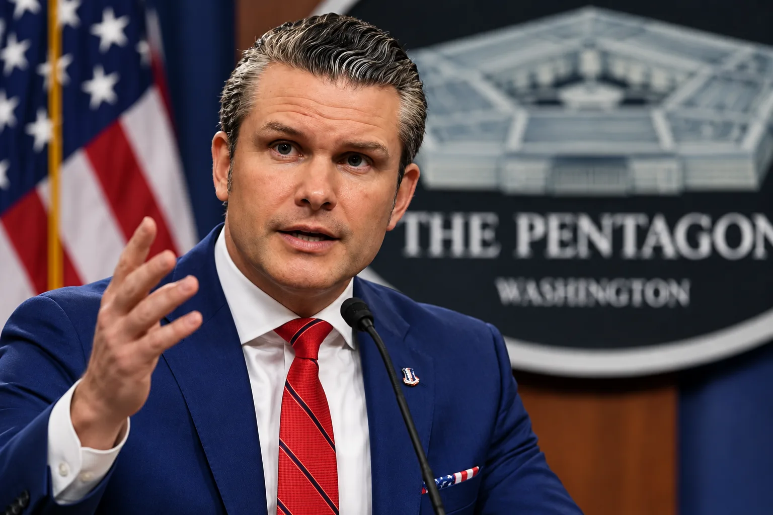 US-Kriegsminister Pete Hegseth spricht bei einer Pressekonferenz und gestikuliert mit der Hand vor einem Pentagon-Hintergrund.