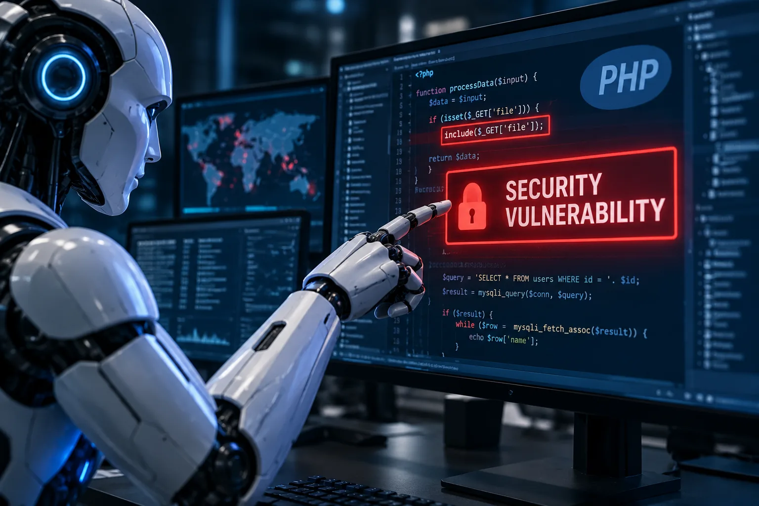 Ein KI-Roboter untersucht PHP-Quellcode auf einem Monitor, während eine kritische Sicherheitslücke hervorgehoben wird.