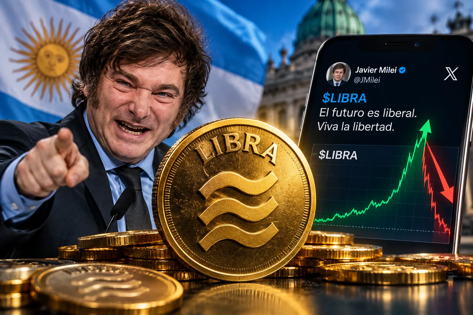 Javier Milei vor der argentinischen Flagge, daneben eine Darstellung der Kryptowährung $LIBRA und ein Kursverlauf mit starkem Anstieg und anschließendem Einbruch.