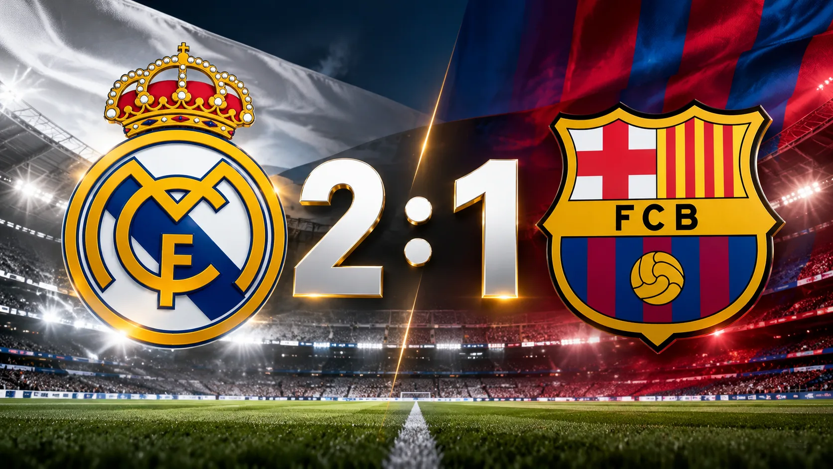 Grafik mit den Vereinslogos von Real Madrid und dem FC Barcelona sowie dem Endstand 2:1 vor einem Stadionhintergrund.