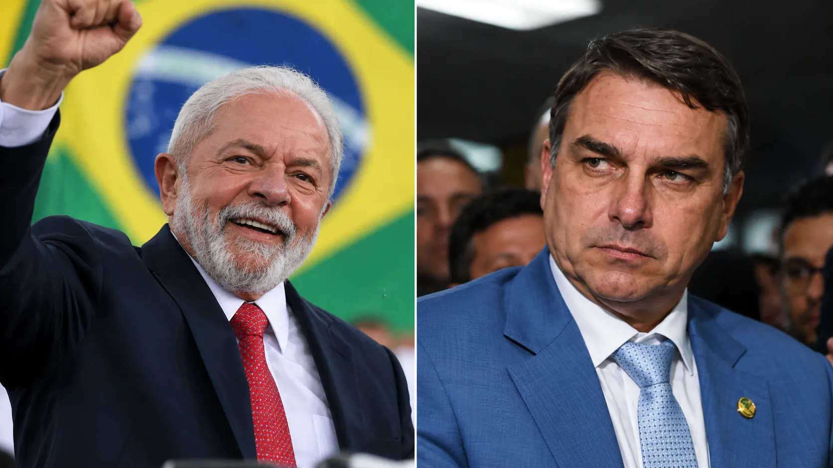 Porträtaufnahme von Luiz Inácio Lula da Silva und Flávio Bolsonaro vor einem neutralen Hintergrund als Symbolbild zur brasilianischen Präsidentschaftswahl.
