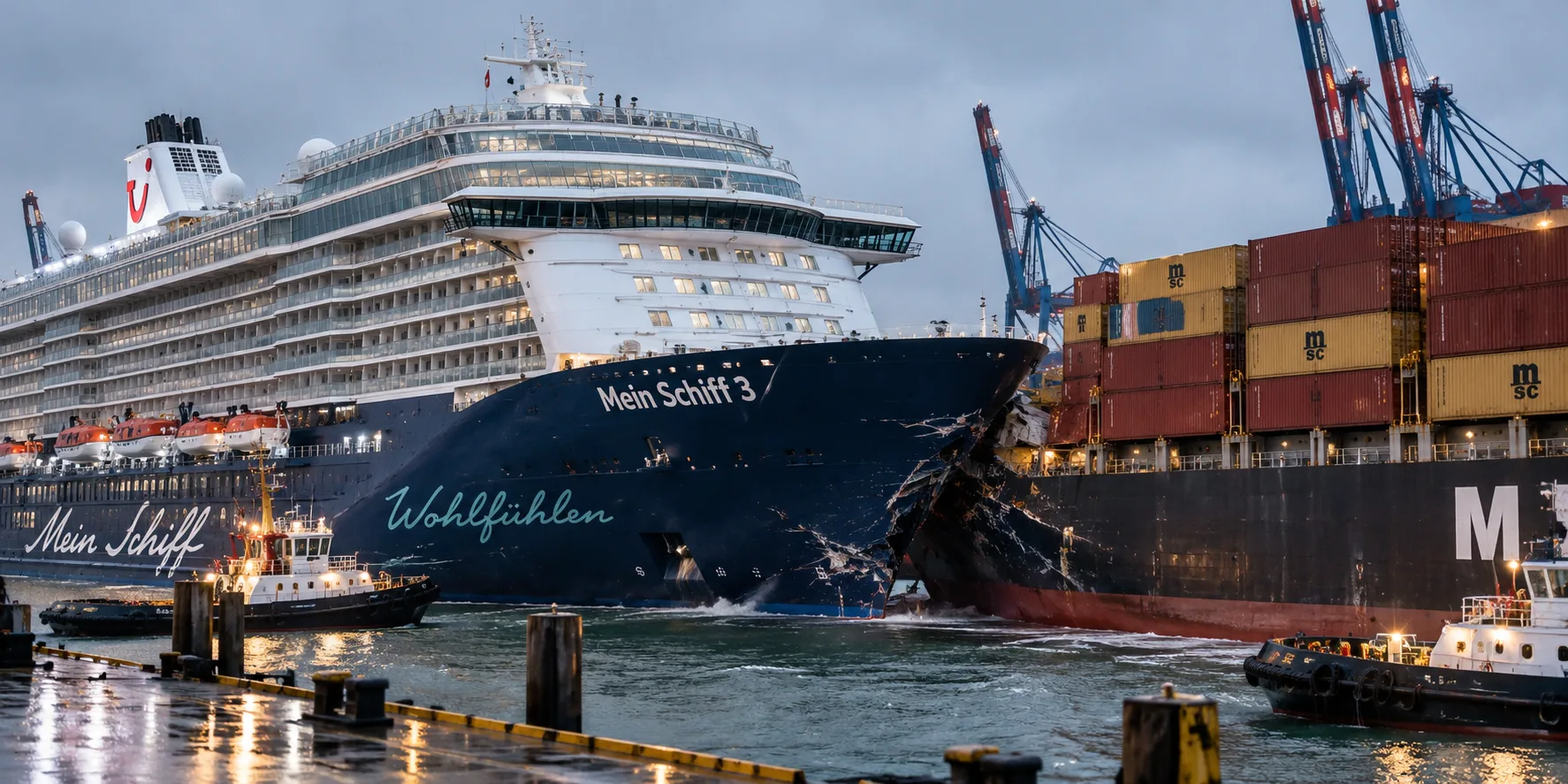 Kreuzfahrtschiff „Mein Schiff 3“ mit sichtbaren Schäden nach einer Kollision im Hafen von Bremerhaven vor Containerschiffen und Kränen.