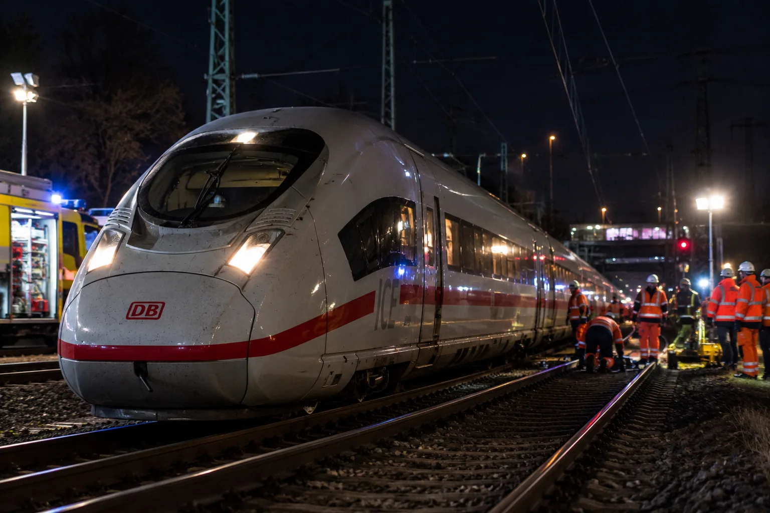 ICE der Deutschen Bahn bei Nacht auf einer Bahnstrecke. Einsatzkräfte und Gleisarbeiter befinden sich im Bereich des Zuges während eines Rettungseinsatzes.