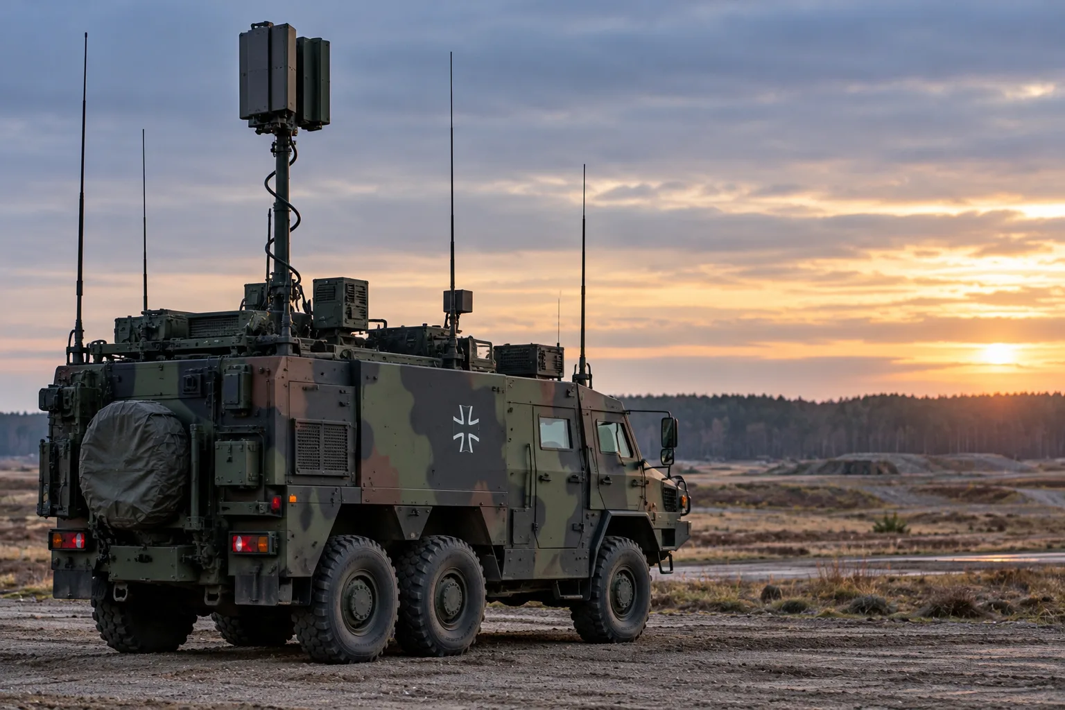 Gepanzertes Kommunikationsfahrzeug der Bundeswehr mit Antennen und Funktechnik auf einem Truppenübungsplatz, ohne Personen.