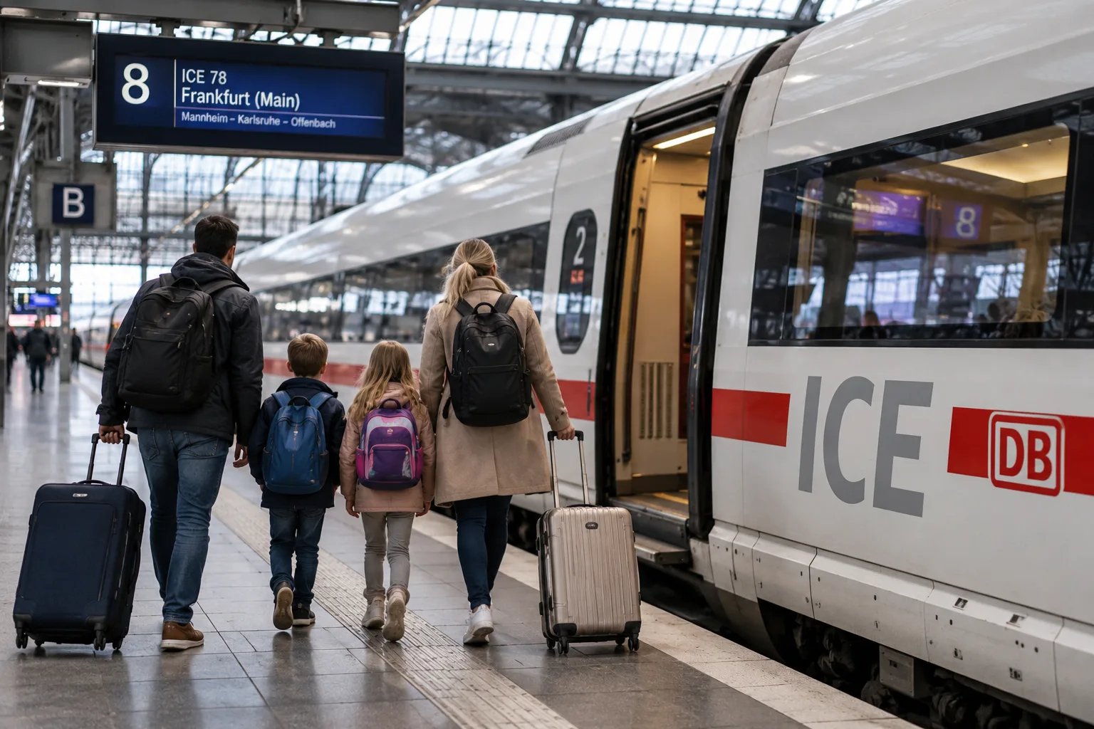 Familie mit Gepäck beim Einstieg in einen ICE der Deutschen Bahn an einem Bahnhof als Symbolbild für das neue Familienticket.
