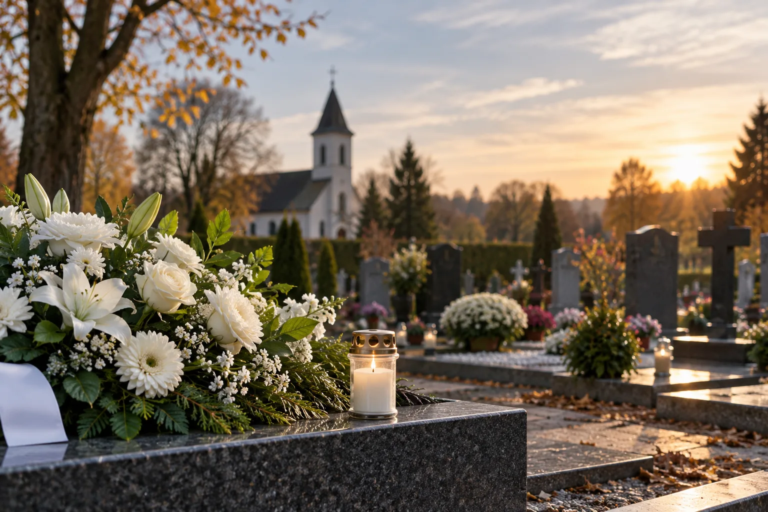 Blumenarrangement und Grablicht auf einem gepflegten Friedhof bei Abendstimmung als Symbolbild für Bestattungen und den Beruf der Bestattungsfachkraft.