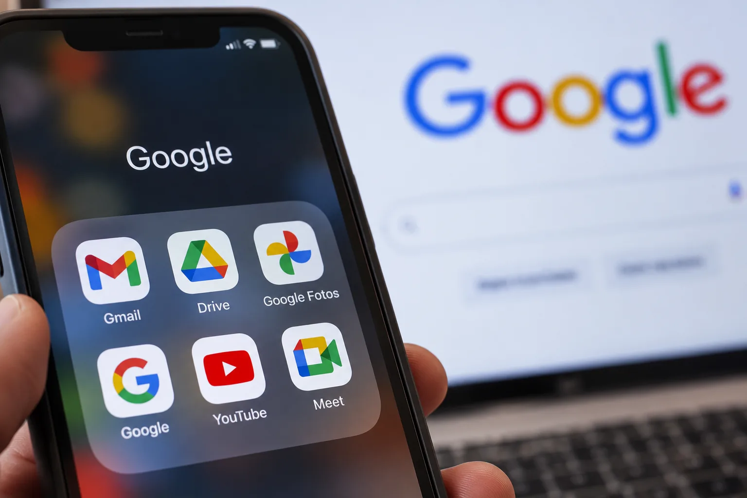 Smartphone mit Google-Apps vor einem unscharfen Google-Logo auf einem Bildschirm als Symbolbild für Datenschutz und personalisierte Werbung.