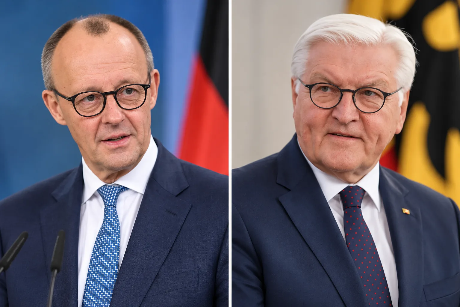 Fotorealistische Darstellung von Bundeskanzler Friedrich Merz und Bundespräsident Frank-Walter Steinmeier vor einem dezenten Hintergrund mit stilisierten Umrissen Asiens als Symbolbild für ihre parallel stattfindenden Auslandsreisen.