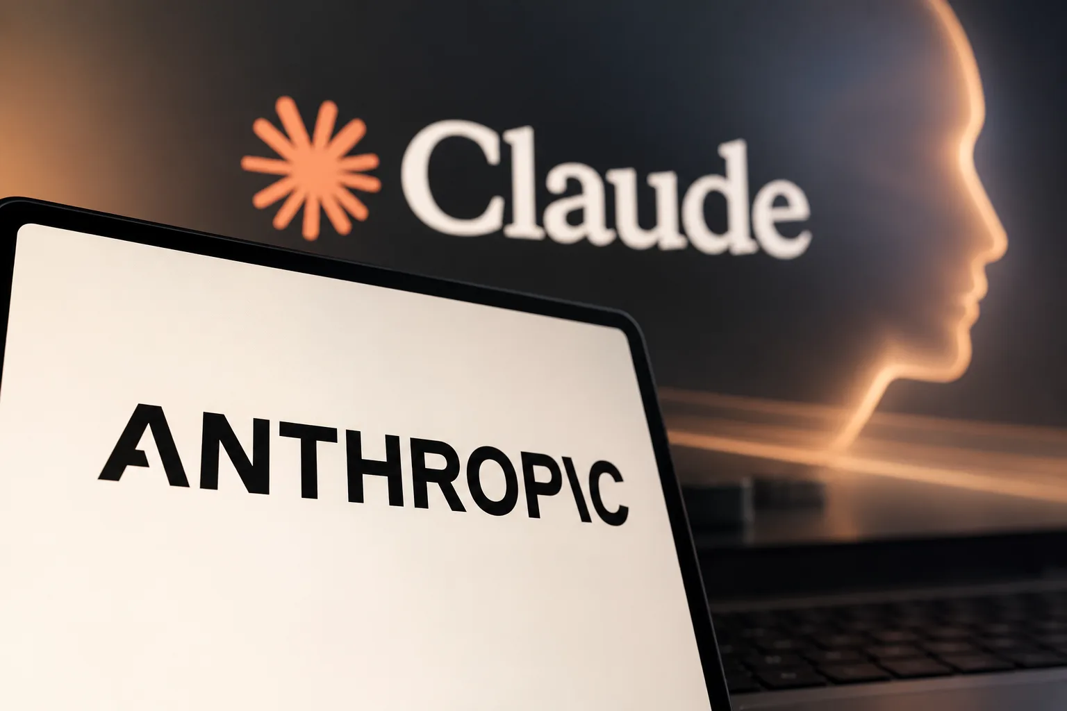 Anthropic-Logo auf einem Bildschirm vor einer unscharfen Darstellung des KI-Assistenten Claude als Symbolbild für den geplanten Börsengang.