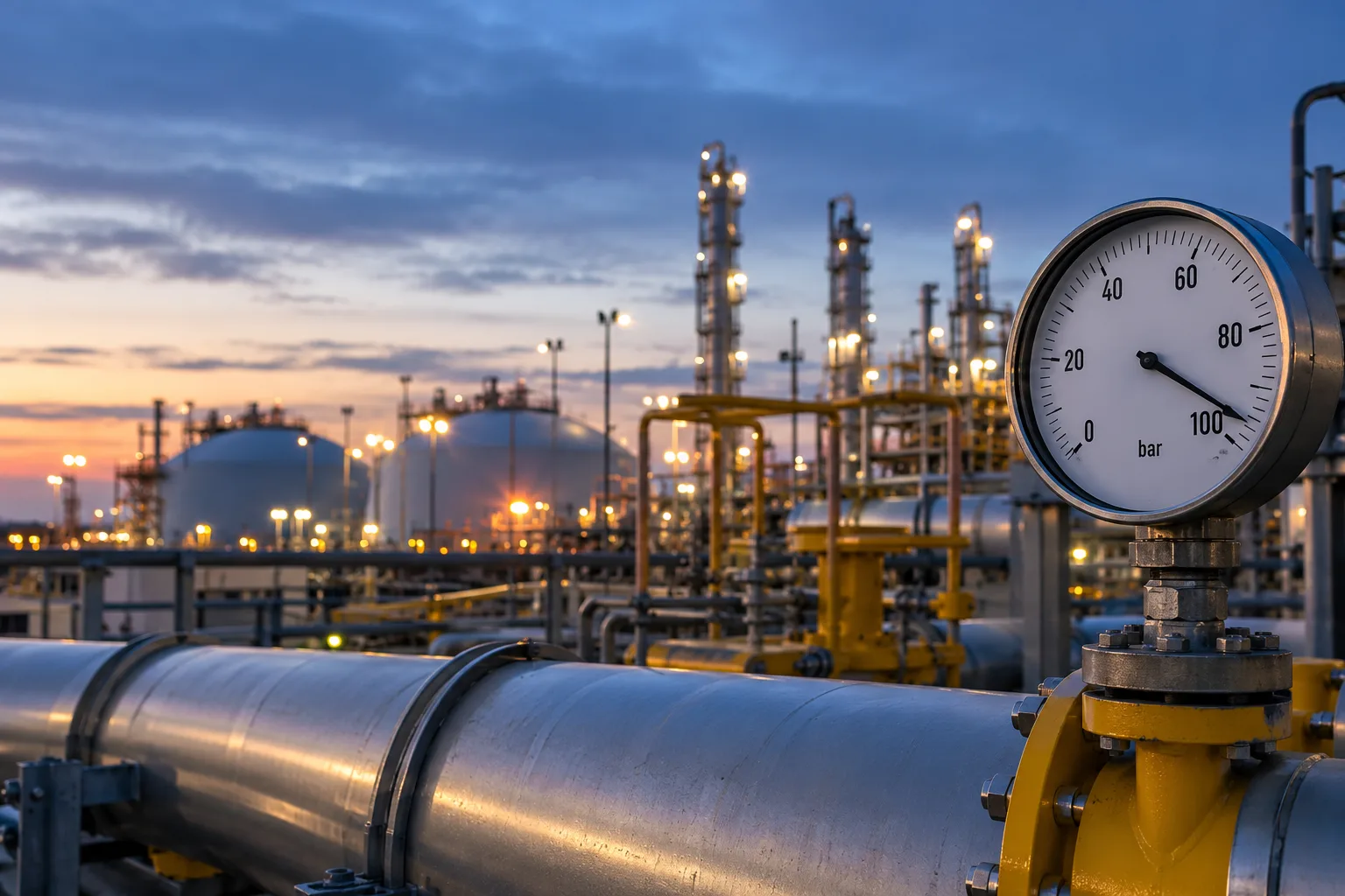 Moderne Erdgasanlage mit Pipelines, Druckmessgerät und Speichertanks bei Abenddämmerung als Symbolbild für steigende Gaspreise in Europa.