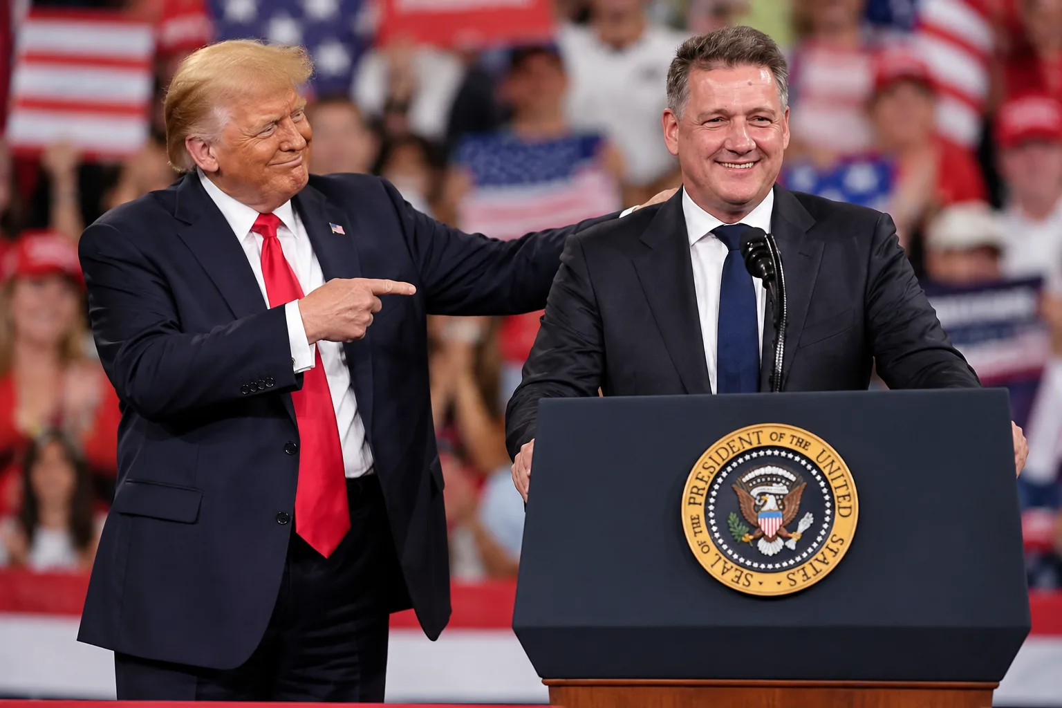 Donald Trump zeigt bei einer Wahlkampfveranstaltung auf Audi-Chef Gernot Döllner, der an einem Rednerpult spricht. Symbolbild zum umstrittenen Auftritt des Audi-Chefs.