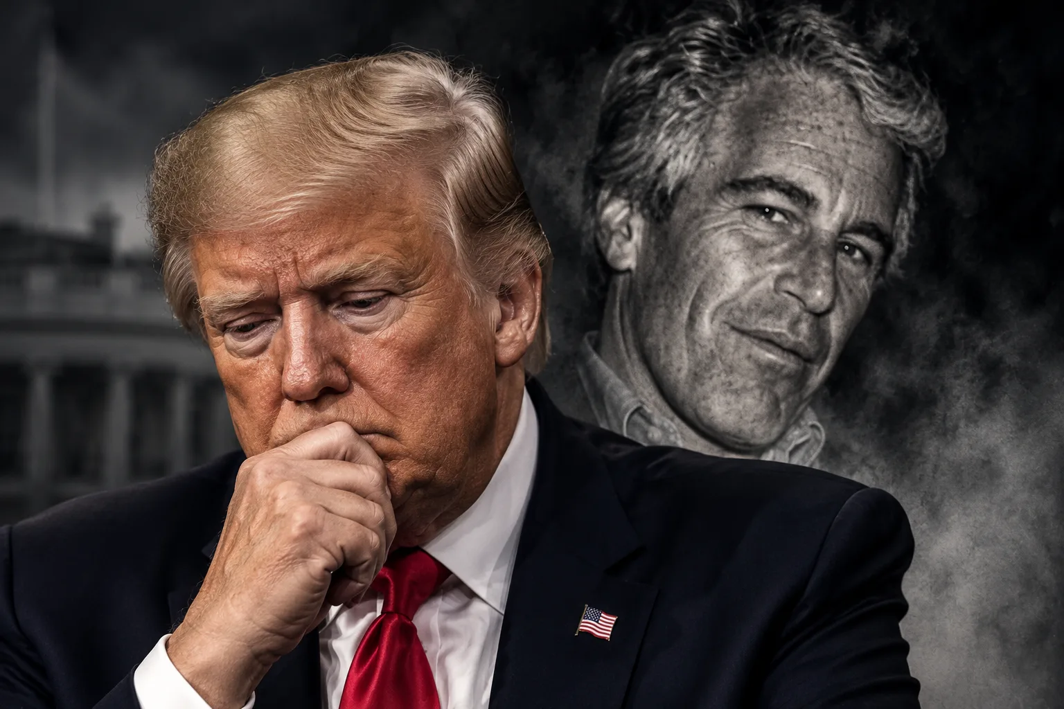 Donald Trump blickt nachdenklich nach unten. Hinter ihm ist Jeffrey Epstein in grauen Farbtönen schemenhaft zu sehen. Symbolbild zur Berichterstattung über die aktuellen Vorwürfe und Ermittlungsforderungen.