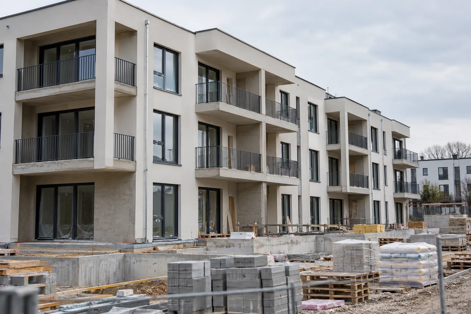 Rohbau eines modernen Mehrfamilienhauses mit Gerüsten und Baumaterial. Symbolbild für den geplanten Gebäudetyp E und einfacheres Bauen in Deutschland.