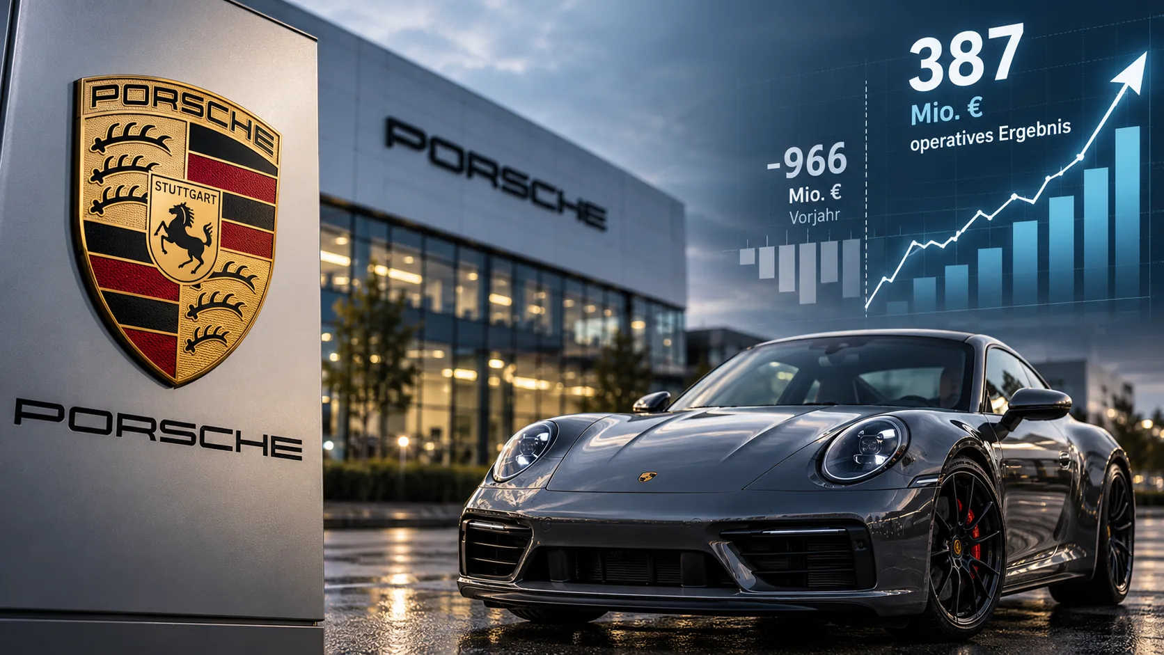 Porsche-Sportwagen vor Unternehmensgebäude mit eingeblendeter Grafik zur Rückkehr in die Gewinnzone im dritten Quartal 2026.